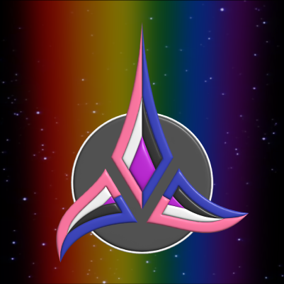 A Klingon emblem in genderfluid pride colours.